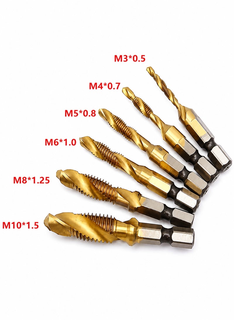 Senbang 6 Pcs HSS Combined Tap and Drill Bit Set M3 M4 M5 M6 M8 M10 Titanium Coated 1/4 Inch Hex Shank Drill Tap Bits, 2 in 1 Threading and Drilling Tool Kit for Metal Wood Plastic Aluminum Copper DIY Repair Power Drill Accessories - Image 3