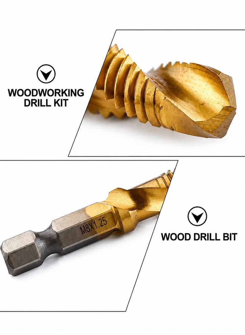 Senbang 6 Pcs HSS Combined Tap and Drill Bit Set M3 M4 M5 M6 M8 M10 Titanium Coated 1/4 Inch Hex Shank Drill Tap Bits, 2 in 1 Threading and Drilling Tool Kit for Metal Wood Plastic Aluminum Copper DIY Repair Power Drill Accessories - Image 4