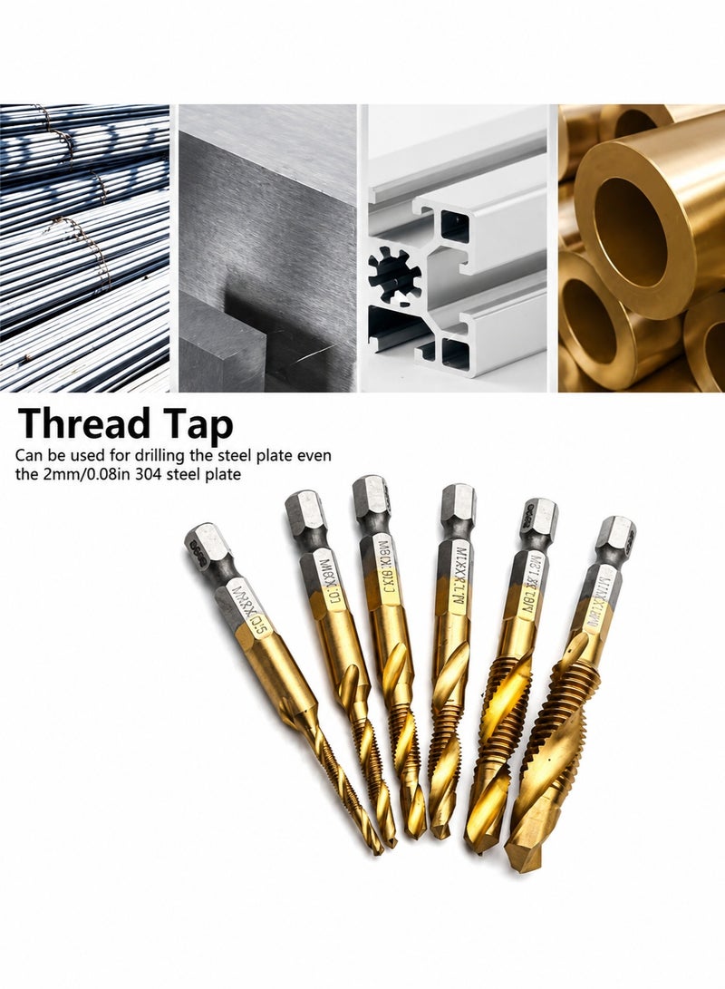 Senbang 6 Pcs HSS Combined Tap and Drill Bit Set M3 M4 M5 M6 M8 M10 Titanium Coated 1/4 Inch Hex Shank Drill Tap Bits, 2 in 1 Threading and Drilling Tool Kit for Metal Wood Plastic Aluminum Copper DIY Repair Power Drill Accessories - Image 5