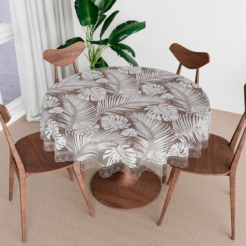 Kuber Industries Round Table Cover | PVC Table Cloth for Round Tables | 4 Seater Round Table Cloth | Self Leaf Kitchen Dining Tablecloth | Tabletop Cover | 60 Inch | White - Image 1