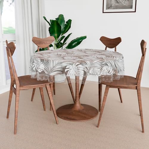 Kuber Industries Round Table Cover | PVC Table Cloth for Round Tables | 4 Seater Round Table Cloth | Self Leaf Kitchen Dining Tablecloth | Tabletop Cover | 60 Inch | White - Image 2