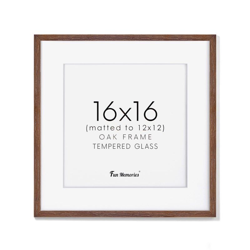 16x16 Picture Frames for Wall Square Picture Frame 16 x 16 Solid Oak Wood Tempered Glass 16x16 Frame Matted to 12x12 16x16 Wood Photo Frames Walnut Color 1 Pack