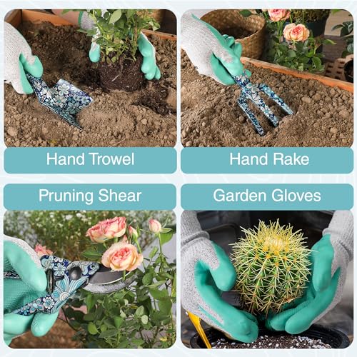 WORKPRO Aluminum Garden Tool Set, 4PCS Heavy Duty Hand Garden Tools with Box Include Trowel, Rake, Pruner, Garden Gloves, Blue Floral, Garden Gifts - Image 3
