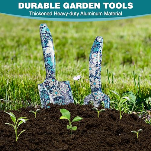 WORKPRO Aluminum Garden Tool Set, 4PCS Heavy Duty Hand Garden Tools with Box Include Trowel, Rake, Pruner, Garden Gloves, Blue Floral, Garden Gifts - Image 4