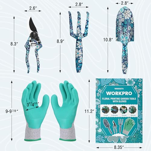 WORKPRO Aluminum Garden Tool Set, 4PCS Heavy Duty Hand Garden Tools with Box Include Trowel, Rake, Pruner, Garden Gloves, Blue Floral, Garden Gifts - Image 2