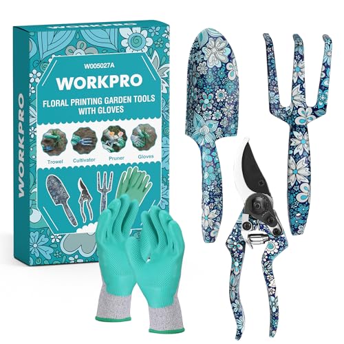 WORKPRO Aluminum Garden Tool Set, 4PCS Heavy Duty Hand Garden Tools with Box Include Trowel, Rake, Pruner, Garden Gloves, Blue Floral, Garden Gifts - Image 1