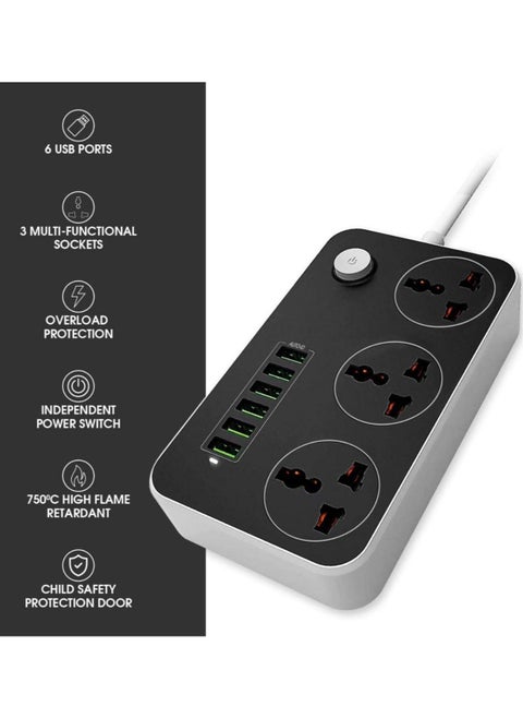 3.4 A Smart Extension Board with 3 Universal Socket and Surge Protector with 6 USB Type A Charger Ports(Black)