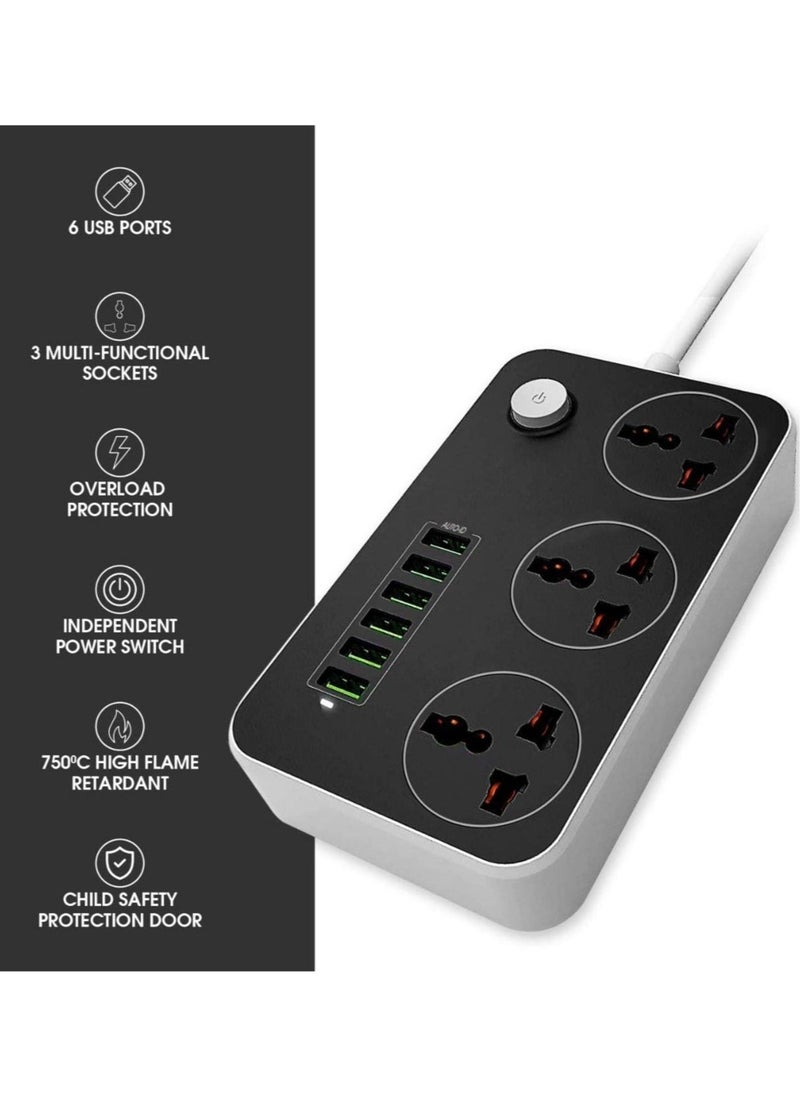 BGM 3.4 A Smart Extension Board with 3 Universal Socket and Surge Protector with 6 USB Type A Charger Ports(Black)  - Image 1