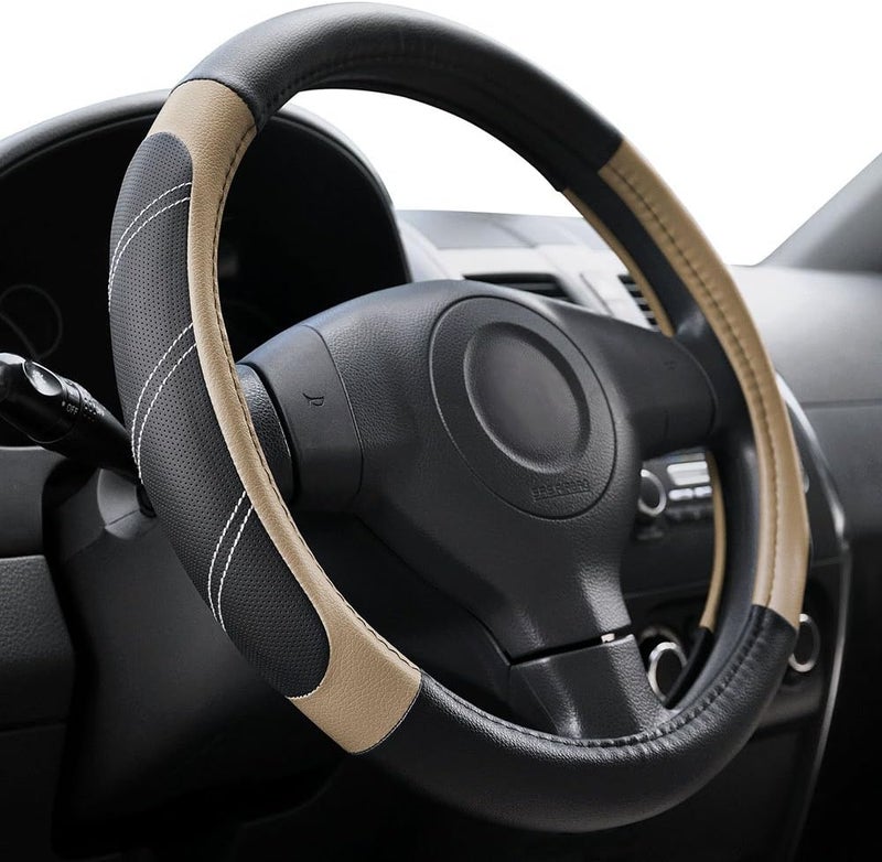 Elantrip Sport Leather Steering Wheel Cover 14 1/2 inch to 15 inch Universal, Padded Soft Grip Breathable for Car Truck SUV Jeep, Anti Slip Odorless Black and Beige - Image 1