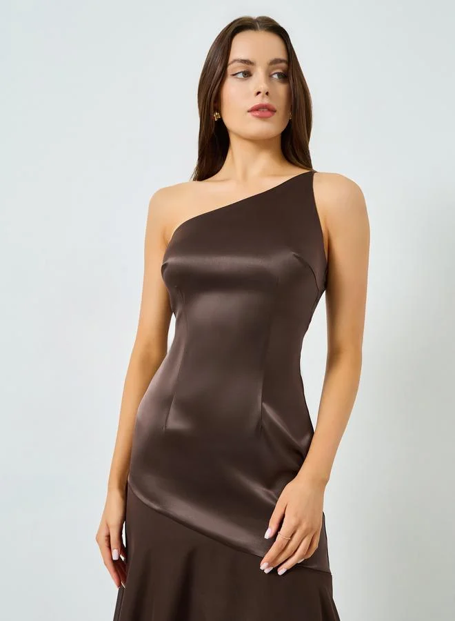 تايك تو فستان ميدي ساتان بكتف واحد