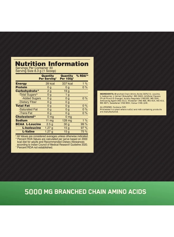 أوبتيموم نيوتريشن BCAA، 5 جرام من BCAAs بنسبة 2:1:1، 30 حصة، لتعافي العضلات والقدرة على التحمل، أثناء التمرين، معتمد من Informed Choice (250 جرام، نكهة فواكه مشكّلة) - Image 4
