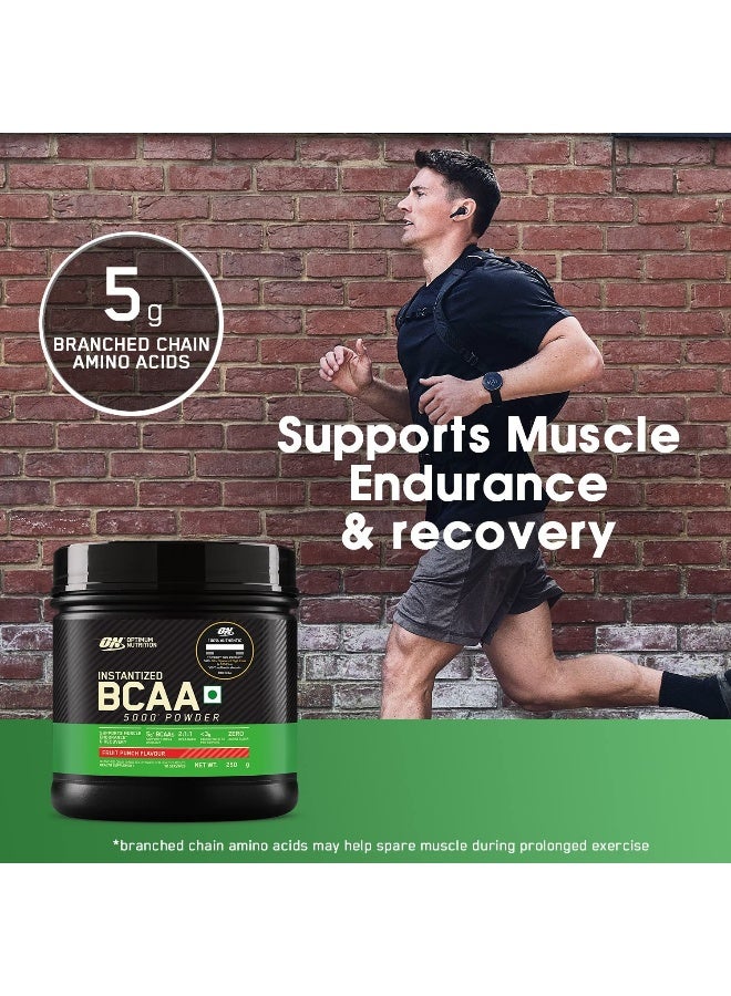 أوبتيموم نيوتريشن BCAA، 5 جرام من BCAAs بنسبة 2:1:1، 30 حصة، لتعافي العضلات والقدرة على التحمل، أثناء التمرين، معتمد من Informed Choice (250 جرام، نكهة فواكه مشكّلة) - Image 2