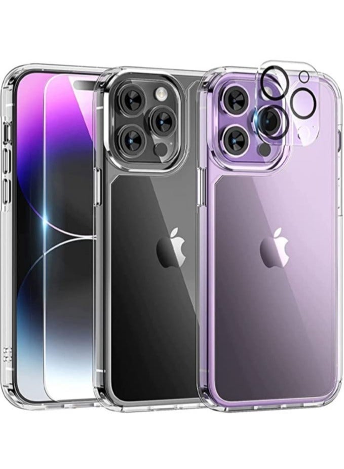 MUNTAQI iPhone 14 Pro Max Case, [5 in 1] 1X Clear Case [Not-Yellowing] with 2X Tempered Glass Screen Protector + 2X Camera Lens Protector, [Military-Grade Drop Protection] Slim Phone Case 6.7 Inch - Image 1