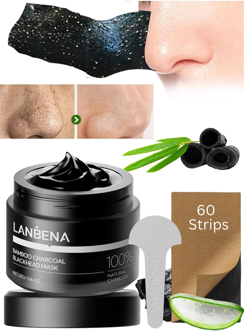 LANBENA Bamboo Charcoal Blackhead Mask,Charcoal Nose Plant Pore Strips,Blackhead Remover Mask for Blackheads, Dirts, Whiteheads, Oil,Face Pore Purifying Cleansing Mask with 60 Pcs Nose Strips, Peel off Mask 30g  - Image 1