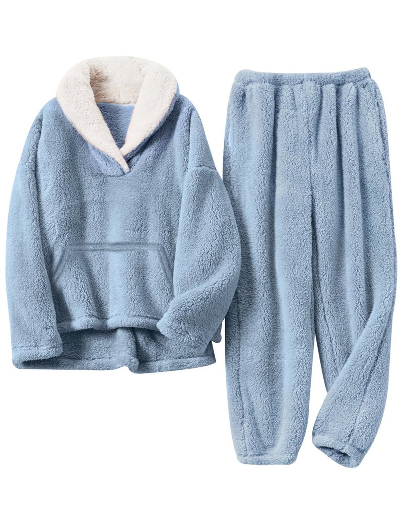Gihuo Girls Fleece Pants Sets Fuzzy 2 Piece Outfits Lapel Collar Pullover Sweatshirt Set Sweatsuit 5-12Y (Blue, 9-10 Years) - Image 1