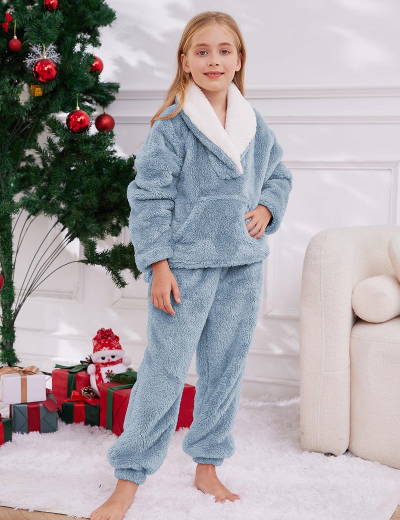 Gihuo Girls Fleece Pants Sets Fuzzy 2 Piece Outfits Lapel Collar Pullover Sweatshirt Set Sweatsuit 5-12Y (Blue, 9-10 Years) - Image 3