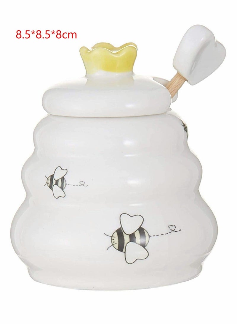 Ceramic Honey Pot, Ceramic Honey Jar with Lid and Wooden Dipper, Bee Honey Container for Home Kitchen, Cute Porcelain Honey Container Friend Family Gift for Storage Syrup, Honey, White - Image 2