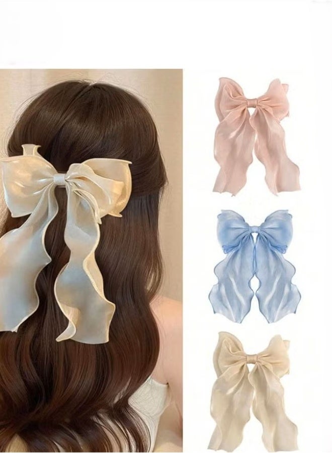 3-Piece Gauze Cute and Beautiful Bow Hair Accessories for Women Girls (Blue + Pink + Apricot) - Image 1