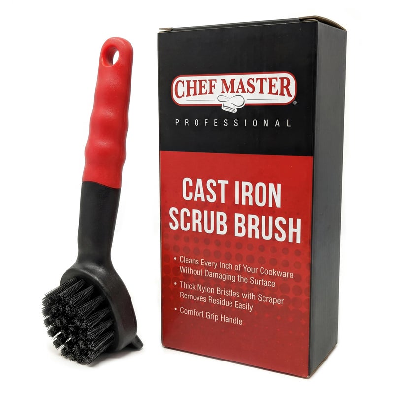 Chef-Master Cast Iron Scrub Brush with Heavy Duty Scraper - Nylon Bristles Dish Scrubber for Pans, Skillets and Woks â€“ Kitchen Cleaner Removes Grime, Grease, Food Build Up - 90058 by Chef Master - Image 1