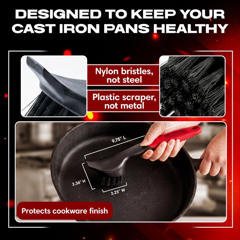 Chef-Master Cast Iron Scrub Brush with Heavy Duty Scraper - Nylon Bristles Dish Scrubber for Pans, Skillets and Woks â€“ Kitchen Cleaner Removes Grime, Grease, Food Build Up - 90058 by Chef Master - Image 5