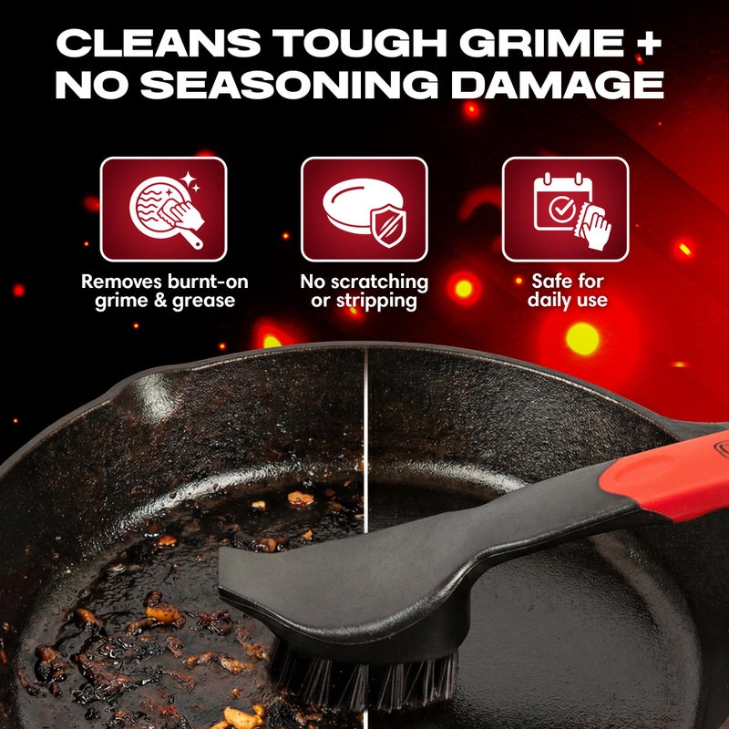 Chef-Master Cast Iron Scrub Brush with Heavy Duty Scraper - Nylon Bristles Dish Scrubber for Pans, Skillets and Woks â€“ Kitchen Cleaner Removes Grime, Grease, Food Build Up - 90058 by Chef Master - Image 2