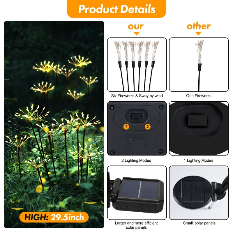 Kwaiffeo Solar Garden Lights 2 Pack Twinkling Solar Firework Lights with 2 Modes 120LED, Solar-Powered Light for Outside Yard Pathway Garden Decor Outdoor Waterproof, Gardening Gifts for Women Mothers Day,Warm - Image 2