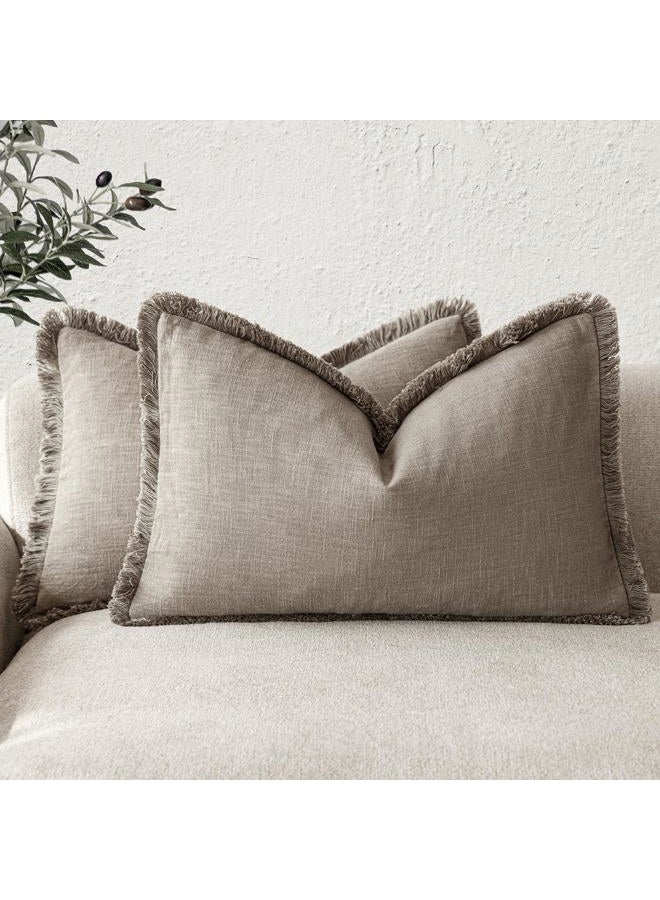 Foindtower Set of 2 Decorative Linen Fringe Lumbar Throw Pillow Covers Boho Farmhouse Cushion Cover with Tassels Soft Accent Pillowcase for Couch Sofa Bed Living Room Home Decor,12×24 Inch,Brown Tan - Image 1