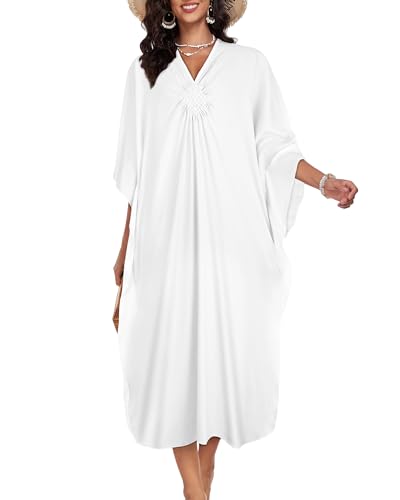 JILUVIN Kaftan Dresses for Women Plus Size V Neck Caftans Long Batwing Sleeve Beach Cover Ups Summer Floral Print Dress 2026 (White,One Size) - Image 4