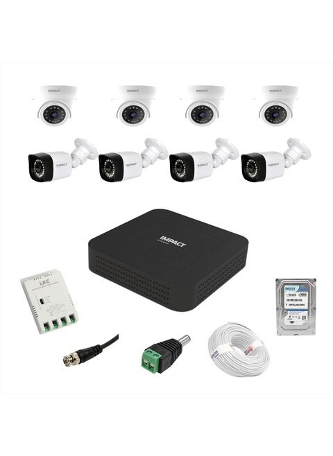 IMPACT BY HONEYWELL 2 MP Wired CCTV KIT with 8 Channel DVR I 4 Dome Cameras 4 Bullet Cameras I 1 TB Hard Disk Accessories I Made in India I White IMKIT8CH4_HI