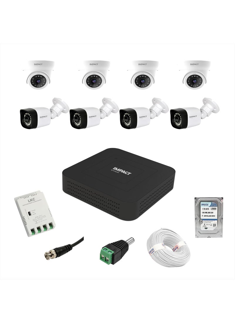 IMPACT BY HONEYWELL IMPACT BY HONEYWELL 2 MP Wired CCTV KIT with 8 Channel DVR I 4 Dome Cameras 4 Bullet Cameras I 1 TB Hard Disk Accessories I Made in India I White IMKIT8CH4_HI  - Image 1