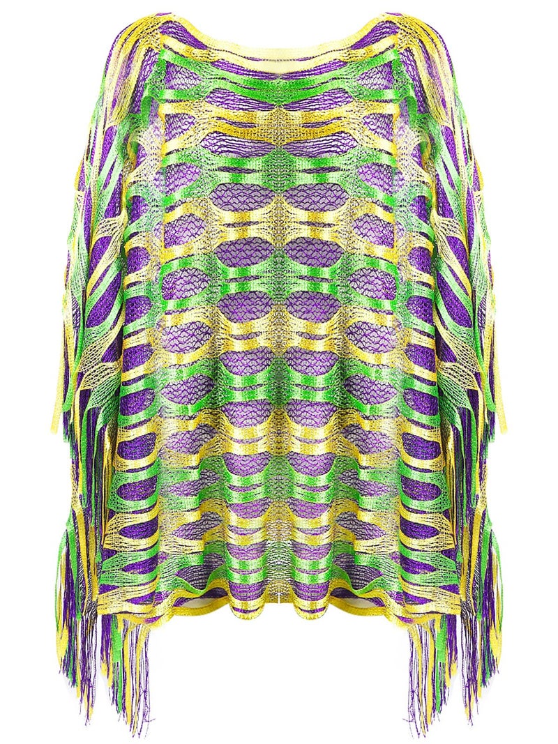 BOARDFEB Mardi Gras Shawl Scarf Gold Green Purple Poncho Outfits for Women Mardi Gras Outdoor Party Holiday Masquerade Costume Accessories(Grid) - Image 1