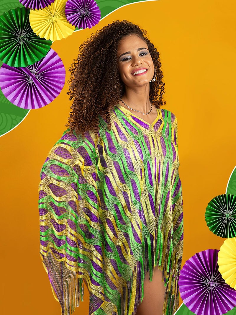 BOARDFEB Mardi Gras Shawl Scarf Gold Green Purple Poncho Outfits for Women Mardi Gras Outdoor Party Holiday Masquerade Costume Accessories(Grid) - Image 4