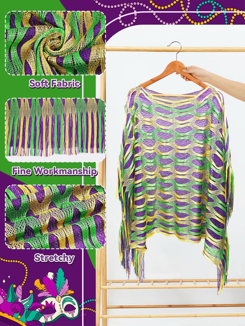 BOARDFEB Mardi Gras Shawl Scarf Gold Green Purple Poncho Outfits for Women Mardi Gras Outdoor Party Holiday Masquerade Costume Accessories(Grid) - Image 2