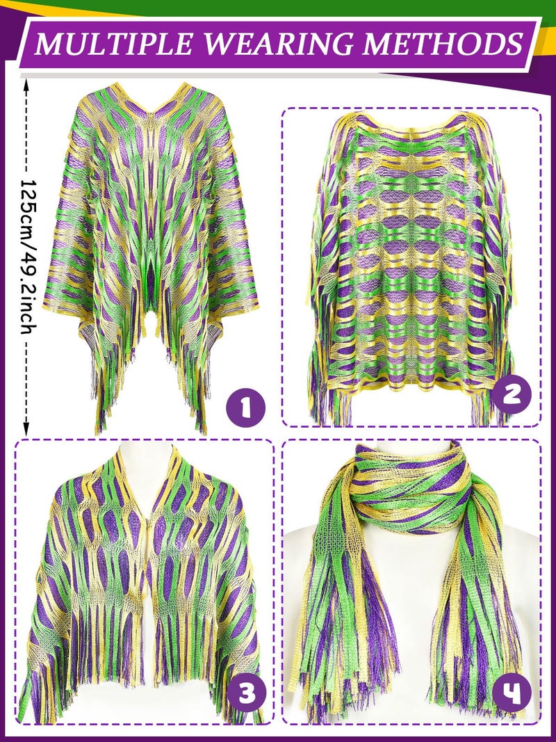 BOARDFEB Mardi Gras Shawl Scarf Gold Green Purple Poncho Outfits for Women Mardi Gras Outdoor Party Holiday Masquerade Costume Accessories(Grid) - Image 3