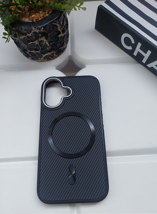Magnetic Carbon Fiber Back Case for iPhone 16, Rugged Shockproof MagSafe Phone Case, Ultra Slim Case with Padded Interior to Prevent Your Phone's Back from Scratches, Supports Wireless Charging, Heavy Duty Protection and Anti-Scratch, for iPhone 16 - Black