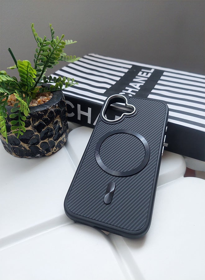 Magnetic Carbon Fiber Back Case for iPhone 16, Rugged Shockproof MagSafe Phone Case, Ultra Slim Case with Padded Interior to Prevent Your Phone's Back from Scratches, Supports Wireless Charging, Heavy Duty Protection and Anti-Scratch, for iPhone 16 - Black