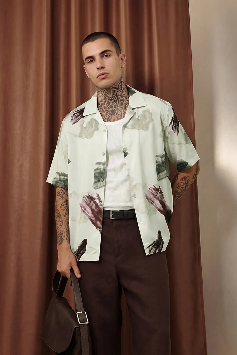 سنيتش Mint Abstract Half Sleeve Oversized Shirt