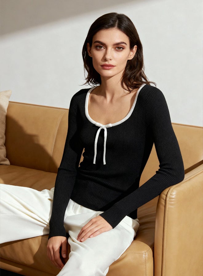 trendyol Black Mercerized Look Premium Yarn/Special Yarn Ribbon/Bow Detail Knitwear Sweater - Image 1