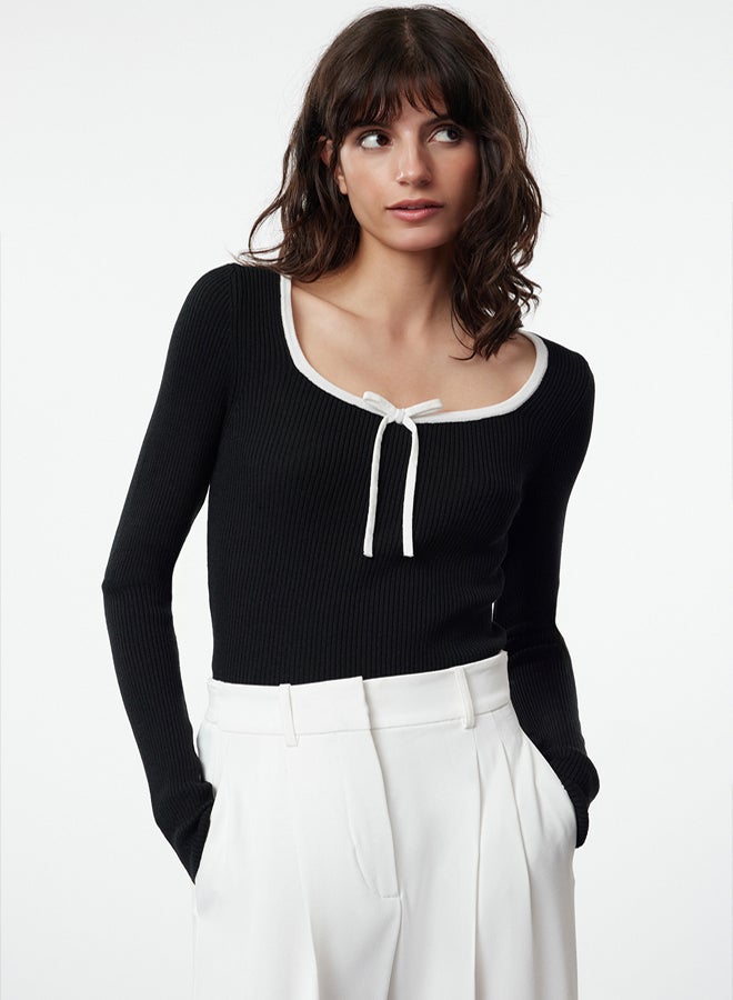 trendyol Black Mercerized Look Premium Yarn/Special Yarn Ribbon/Bow Detail Knitwear Sweater - Image 2