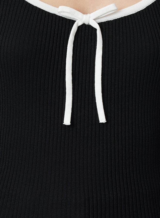 trendyol Black Mercerized Look Premium Yarn/Special Yarn Ribbon/Bow Detail Knitwear Sweater - Image 4