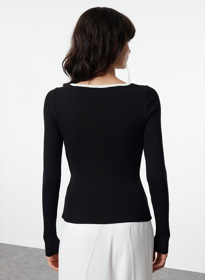 trendyol Black Mercerized Look Premium Yarn/Special Yarn Ribbon/Bow Detail Knitwear Sweater - Image 5