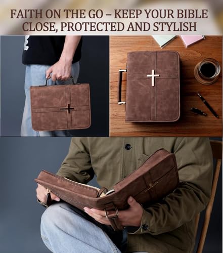 HFLZBRO Vegan Leather Bible Cover Case, Bible Bag with Phone Pocket, Bible Case for Men Women, Christian Gift Box Packaging (Brown) - Image 5