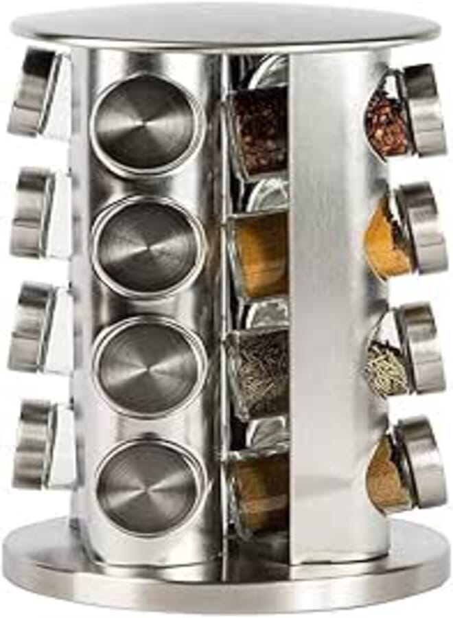 16 Pcs Stainless Steel Spice Jar Set Masala Storage Bottle Revolving Rack Stand for modern Kitchen