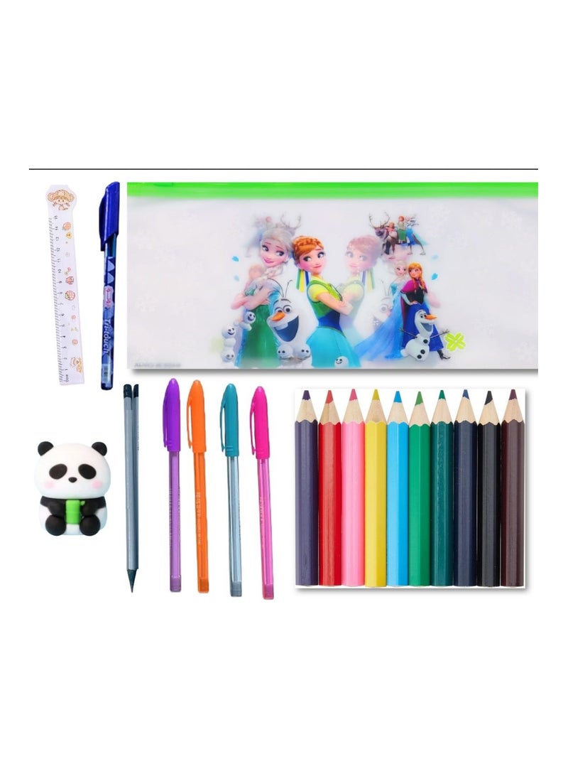 21-piece school supplies set (girls' zippered pencil case + 4 fluorescent colors + 12 colored pencils + pencil + eraser + sharpener + pen + 15 cm ruler) - Image 1
