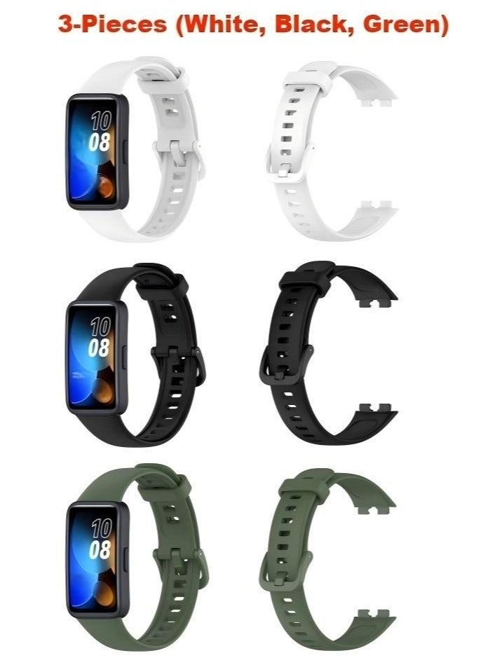 HW 3-Piece Classic Silicone Huawei Replacement Strap, Wristband Sport Strap, Suitable for Huawei Band 8/Band 9/Band 10, Waterproof, Sweatproof, Comfortable to Wear (White/Black/Green) - Image 1