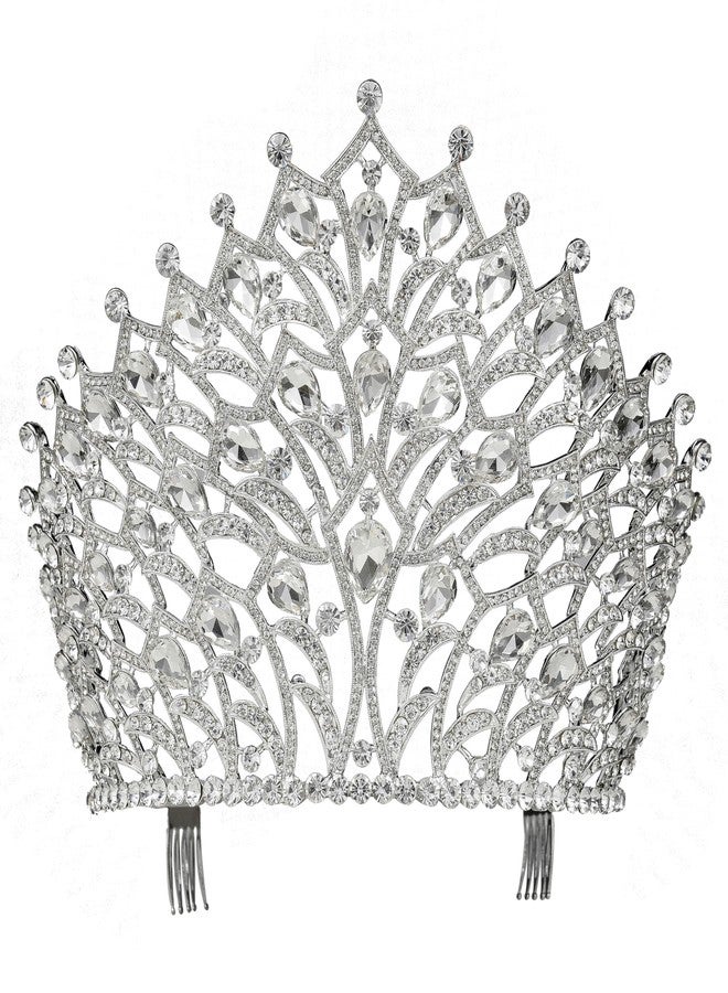 Janefashions 5.75" Tall Large Tiara Crown With Hair Combs, Clear White Austrian Rhinestone Crystal Metal Tiara Pageant Show Parade Wedding Bridal Birthday Queen Silver T2306 - Image 1