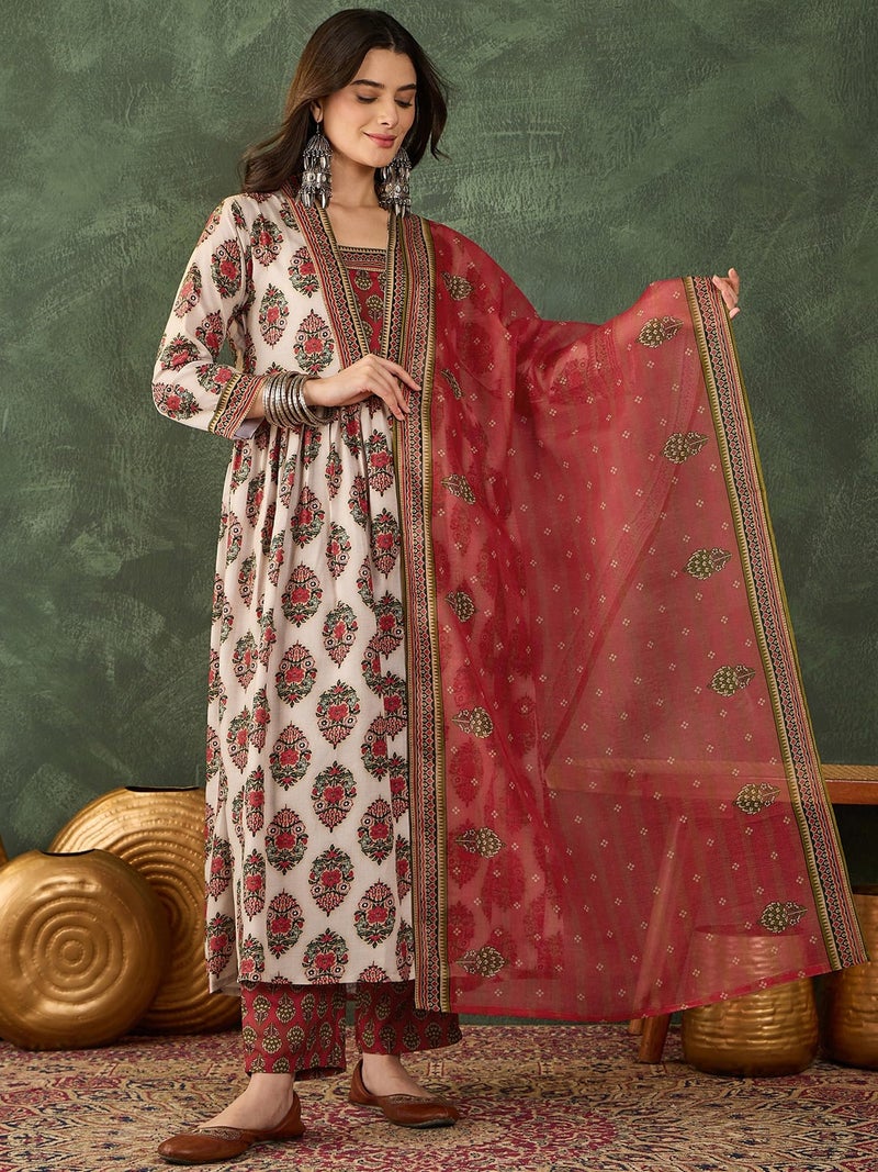 Naixa Women's Rayon Printed Flared Kurta with Pant and Dupatta Sets (NX-736-Chiku-XL) - Image 2