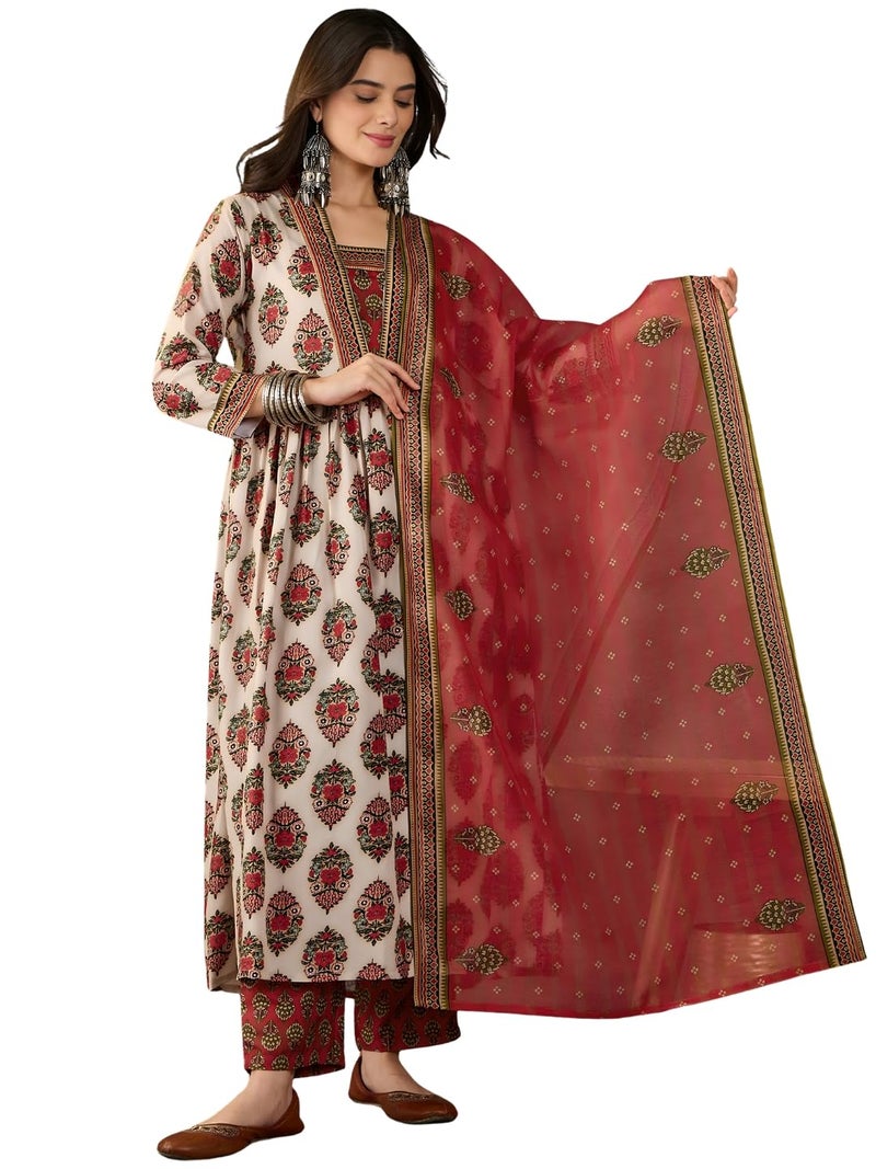 Naixa Women's Rayon Printed Flared Kurta with Pant and Dupatta Sets (NX-736-Chiku-XL) - Image 1