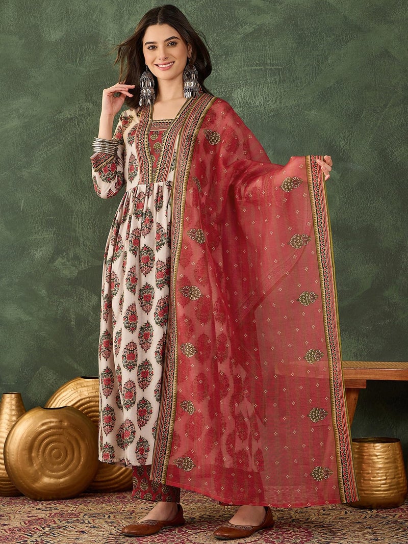 Naixa Women's Rayon Printed Flared Kurta with Pant and Dupatta Sets (NX-736-Chiku-XL) - Image 3