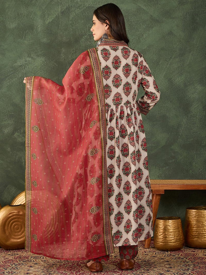 Naixa Women's Rayon Printed Flared Kurta with Pant and Dupatta Sets (NX-736-Chiku-XL) - Image 4